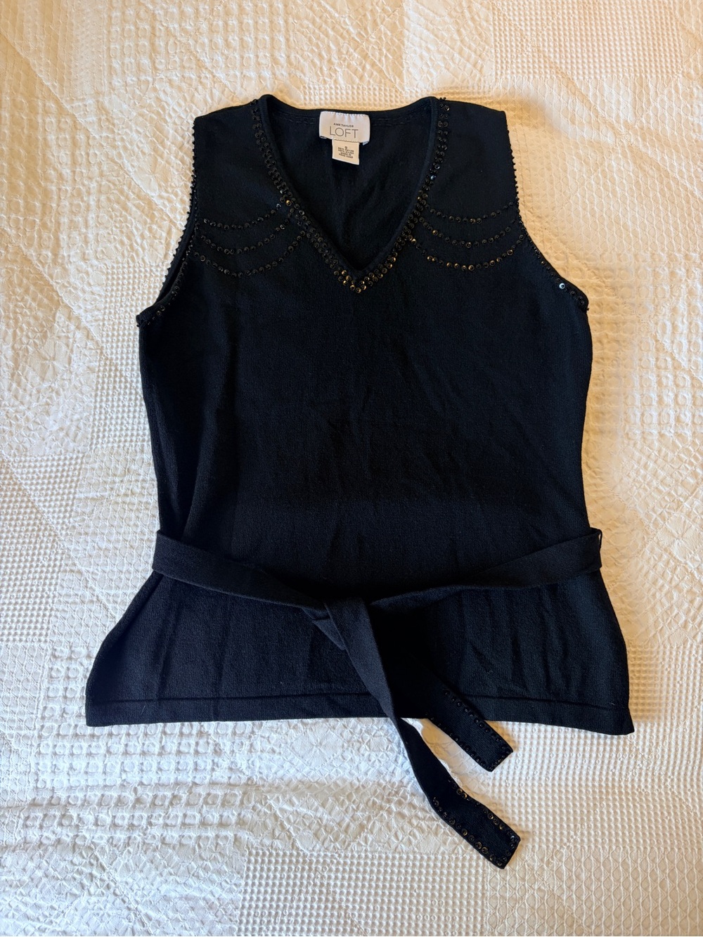 Ann Taylor LOFT Black Beaded Sequined V-Neck Sleeveless Knit Tank with Tie Waist